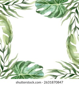 Tropical frame with green leaves of palm trees, monstera, banana, watercolor. Hand drawn vector illustration. For greeting cards, invitations, summer big banners, posters, labels.