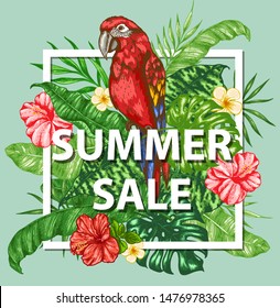 Tropical frame with green palm leaves, flowers and red parrot.  Design for seasonal summer sale. Hand drawn vector illustration