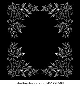 Tropical frame hand drawn. Jungle foliage illustration. Floral border. Hand drawing. Vector, isolated. Natural spring wedding card. Summer tropical leaf. Botanical frame. Flower pattern.