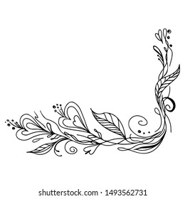 Tropical frame hand drawn. Jungle foliage illustration. Floral border. Hand drawing. Vector, isolated. Natural spring wedding card. Summer tropical leaf. Botanical frame. Line drawing.