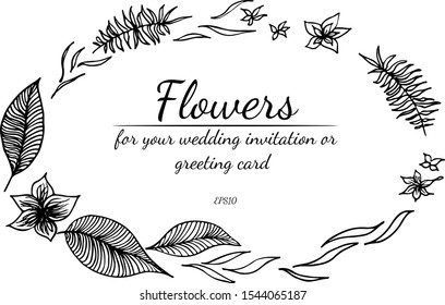 Tropical frame hand drawn. Jungle foliage illustration. Floral border. Hand drawing. Vector, isolated. Natural spring wedding card. Summer tropical leaf. Botanical frame. Line drawing