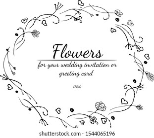 Tropical frame hand drawn. Jungle foliage illustration. Floral border. Hand drawing. Vector, isolated. Natural spring wedding card. Summer tropical leaf. Botanical frame. Line drawing
