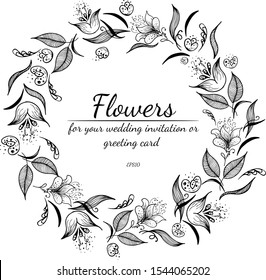 Tropical frame hand drawn. Jungle foliage illustration. Floral border. Hand drawing. Vector, isolated. Natural spring wedding card. Summer tropical leaf. Botanical frame. Line drawing