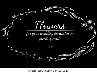 Tropical frame hand drawn. Jungle foliage illustration. Floral border. Hand drawing. Vector, isolated. Natural spring wedding card. Summer tropical leaf. Botanical frame. Line drawing