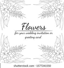 Tropical frame hand drawn. Jungle foliage illustration. Floral border. Hand drawing. Vector, isolated. Natural spring wedding card. Summer tropical leaf. Botanical frame. Line drawing