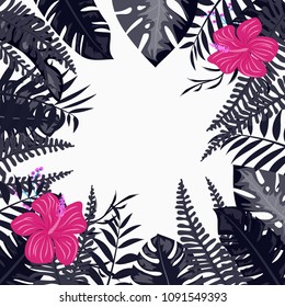 Tropical frame of leaves and flowers. Frames with jungle.
