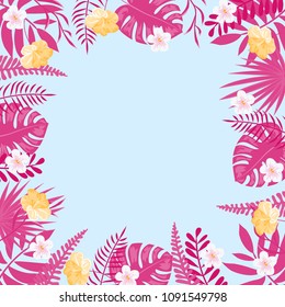 Tropical frame of leaves and flowers. Frames with jungle.