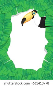 Tropical frame made of banana leaves and toucan with space for text.