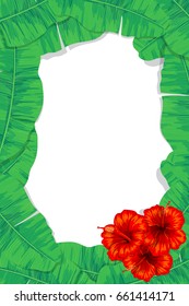 Tropical frame made of banana leaves and hibiscus flowers with space for text.