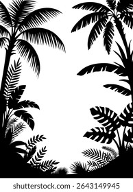 Tropical frame made from palm tree and leaf black silhouettes. Vector botanical border isolated on white background. Perfect for summer design, posters, and templates
