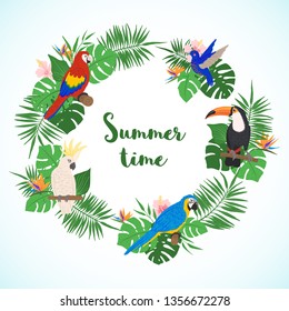 Tropical frame with palm tree, monstera and exotic birds in hand drawn style. Floral border template. Vector illustration.