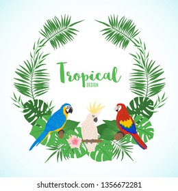 Tropical frame with palm tree, monstera and exotic parrots in hand drawn style. Floral border template with birds. Vector illustration.