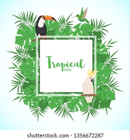 Tropical frame with palm tree, monstera and exotic birds in hand drawn style. Floral border template. Vector illustration.