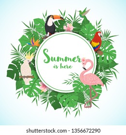 Tropical frame with palm tree, monstera and exotic birds in hand drawn style. Floral border template. Vector illustration.