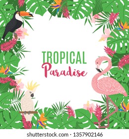 Tropical frame with palm tree, monstera and exotic birds in hand drawn style. Floral border template. Vector illustration.
