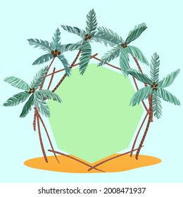 Tropical frame of palm trees with coconuts. Place for your text. Decorative summer card, flyer, poster and invitation.