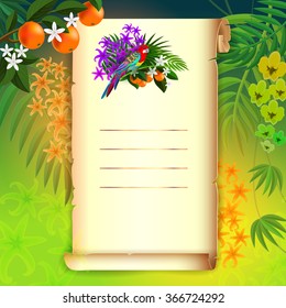 Tropical frame with parrots on papyrus paper background. Exotic plant and birds. It can be used for invitation and birthday cards.