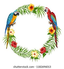 Tropical frame with parrots. Palm leaves, hibiscus flowers and exotic birds.