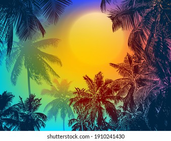 Tropical frame of realistic silhouettes of coconut palm trees. Sketch botanical vector illustration. Jungle banner. Top view