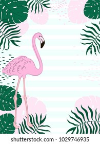Tropical frame rectangular leaves and Flamingo Summer Banner, Graphic Background, Exotic Floral Invitation, Flyer or Card. Hand draw vector.