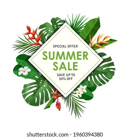 Tropical frame with sales sign template. Exotic leaves and flowers.  Best for invitations, flyers and posters. Summertime design template. Vector illustration.