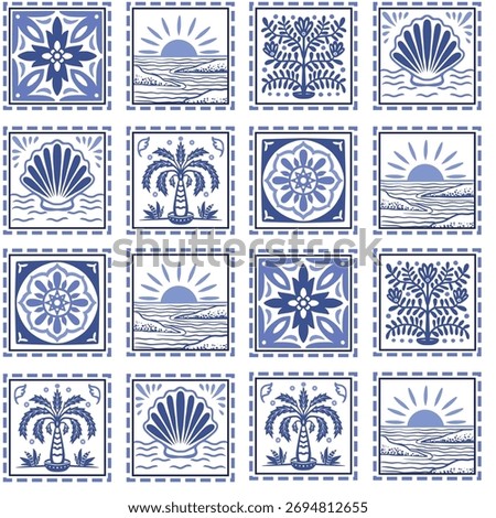 Tropical frame seamless pattern with palm tree seashell sun ocean tile vector.
