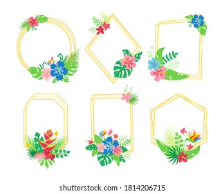 Marco tropical con hojas y flores exóticas. Tarjeta geométrica vacía y creativa a la moda. Marco floral de la jungla botánica. Monstera, palma, composición floral. Espacio hawaiano para texto. Ilustración del vector