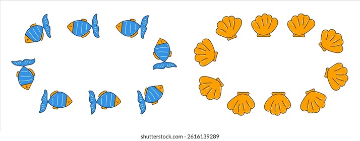Tropical frame set. Fish round frame. Shell round frame