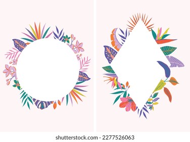 Tropical frame template illustration. Exotic summer botanical backdrop for invitations, cards, banners, posters.