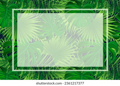 tropical frame vector. Green tropic card with rainforest plants and leaves. Amazon foliage promo banner. fresh idea for travel cover, advertising card, summer holidays, party designs
