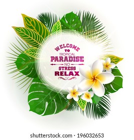Tropical frame for your text with Leaves of Exotic Plants and flowers. 