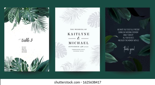 Tropical frames arranged from exotic emerald leaves. Design vector. Paradise plants, greenery and palm cards. Stylish fashion banners. Wedding templates. All leaves are not cut. Isolated and editable