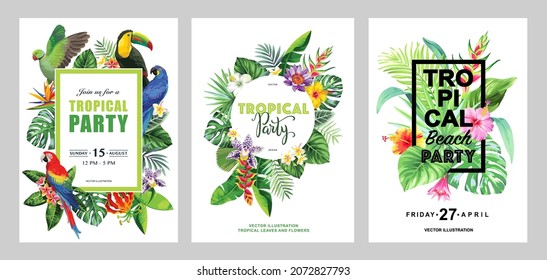 Marcos tropicales con hojas, flores y pájaros para invitaciones a fiestas, afiches de venta y tarjetas de boda. Colección de plantillas vectoriales aisladas en un fondo blanco.