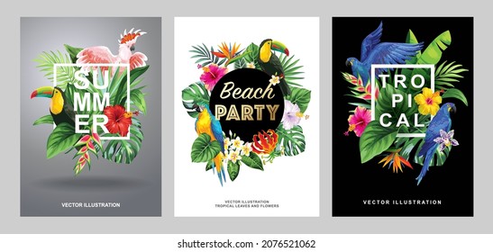 Tropical frames with leaves, flowers and birds for party invitations, sale posters and wedding cards. Collection of vector templates isolated on a white background.