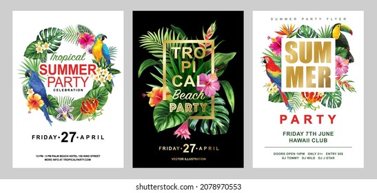 Tropical frames with leaves, flowers and birds for party invitations, sale posters and wedding cards. Collection of vector templates isolated on a white background.