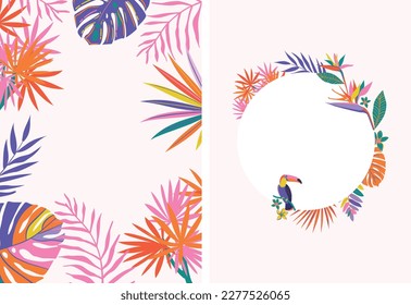Tropical frames with leaves, flowers and birds for party invitations, sale posters and wedding cards. Set of vector templates in colorful botanical leaves.