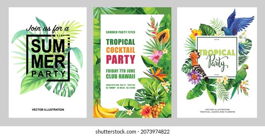 Marcos tropicales con hojas, flores, frutas y pájaros para invitaciones a fiestas, afiches de venta y tarjetas de boda. Colección de plantillas vectoriales aisladas en un fondo blanco.