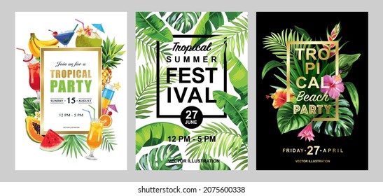 Tropical frames with leaves, flowers, fruits and cocktails for party invitations. Collection of vector templates isolated on a white background.