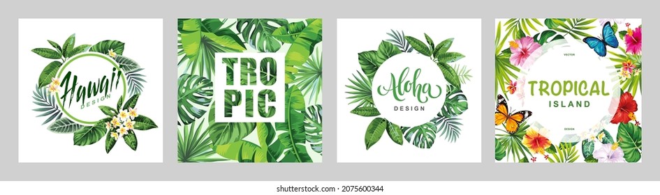 Tropical frames with leaves and flowers for party invitations, sale posters and wedding cards. Collection of vector templates isolated on a white background.