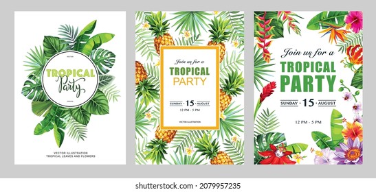 Tropical frames with leaves and flowers for party invitations, sale posters and wedding cards. Collection of vector templates isolated on a white background.