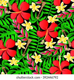 Tropical frangipani palms and hibiscus flowers seamless pattern.