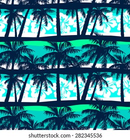 Tropical frangipani with palms seamless pattern