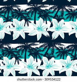 Tropical frangipani with palms and stripes seamless pattern.