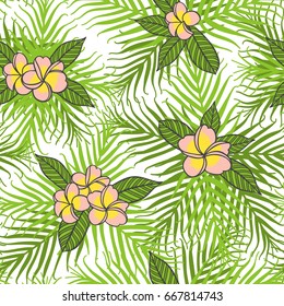 Tropical frangipani pink flowers pattern vector seamless. Jungle palm leaf background. Fashion print design for hawaiian party invitation, paradise island vacation flyer or swimwear fabric.