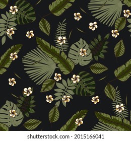 Tropical frangipani plumeria flower seamless vector pattern on a black background. Exotic summer nature floral botanical wallpaper. Botany jungle illustration.