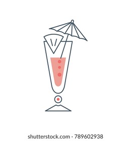 Tropical fresh cocktail in long glass with slice of lime and umbrella. Concept of alcoholic beverage in linear style with pink fill. Isolated flat vector icon