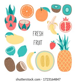 Tropical fresh fruit and berries, vegetarian food, time to detox with organic vitamins diet. Hand drawn vector illustration on isolated background in flat cartoon style. 
