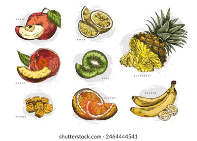 Tropical fresh fruits hand drawn vector illustrations set with inscriptions. Juicy orange and lemon, mango, peach, apple, bananas, pineapple and kiwi colorful sketch. Healthy vitamin natural food