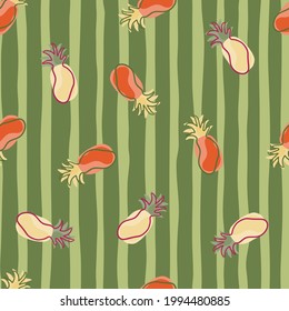 Tropical fresh seamless pattern with random red and beige pineapples ornament. Green striped background. Decorative backdrop for fabric design, textile print, wrapping, cover. Vector illustration.