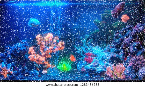 Tropical freshwater\
aquarium. Underwater background. Vector colorful illustration.\
Pointillism style.